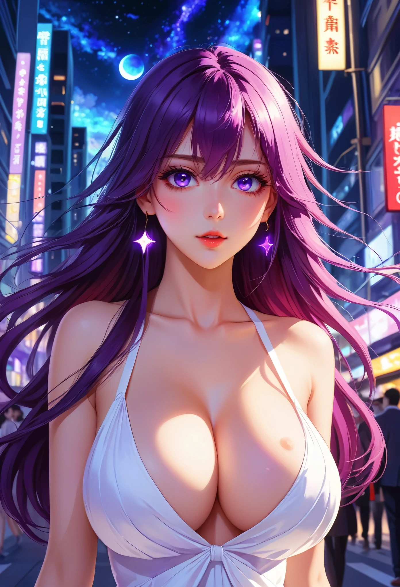 (best quality: 0.8), (best quality: 0.8), Perfect anime illustration, Close-up portrait of a beautiful woman,Walking in the city,Long purple hair,Huge breasts,Blushing eyes (((National Foundation))) transparent white dress neon night city super detail super detail face bright eyes galaxy in eyes ridiculous 4k full hd top on pixiv super well done red eye download file huge areola erect (Love Juice 1;4) The absurdity