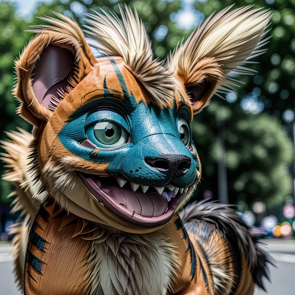 medium shot, uhd high definition photograph, extremely detailed eyes face nose hands, (happy growlithe, plush pet toy , huge "my pet monster" large teeth big head furry claws:1.3), walking in japanese street crowds shops cars