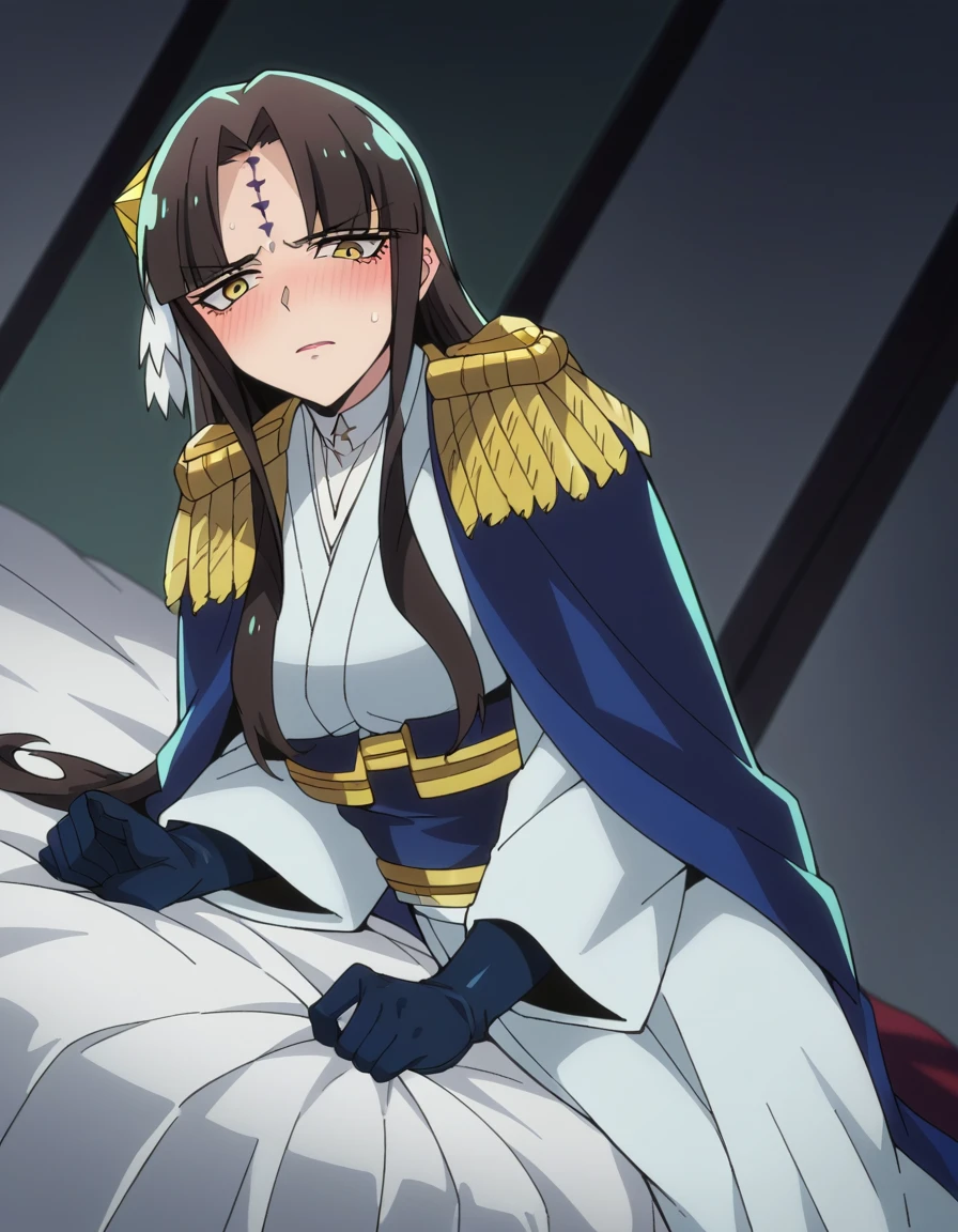 score_9, score_8_up, score_7_up, source_anime,
michikotanaka, michiko tanaka, long hair, black hair, yellow eyes, facial mark, forehead mark,
gloves, japanese clothes, black gloves, kimono, epaulettes,
indoors, cape, bed, bed room, on side, blush, drunk,
looking at viewer, dutch angle, cowboy shot