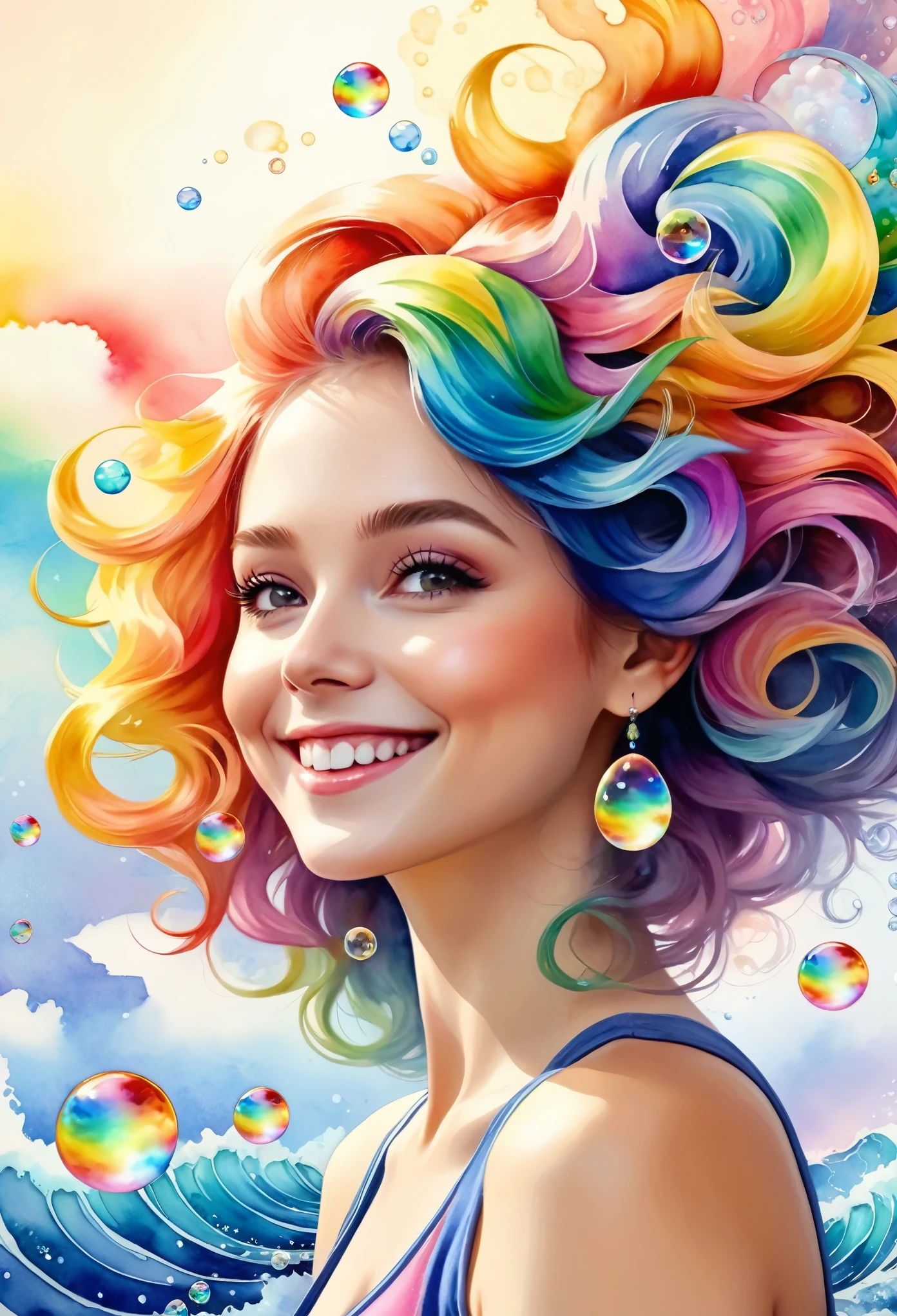 (masterpiece, Top quality, best quality, watercolor (Moderate), Official Art, beautiful and aesthetic: 1.2), (1 girl: 1.3), (Fractal Art: 1.3), morning, Good morning, Smile, sunny, hapiness, Viewer, pattern, Waves, (Rainbow Hair, rich and colorful Hair: 1.2), Sky, gas, cloud, rich and colorful, Soap Bubbles