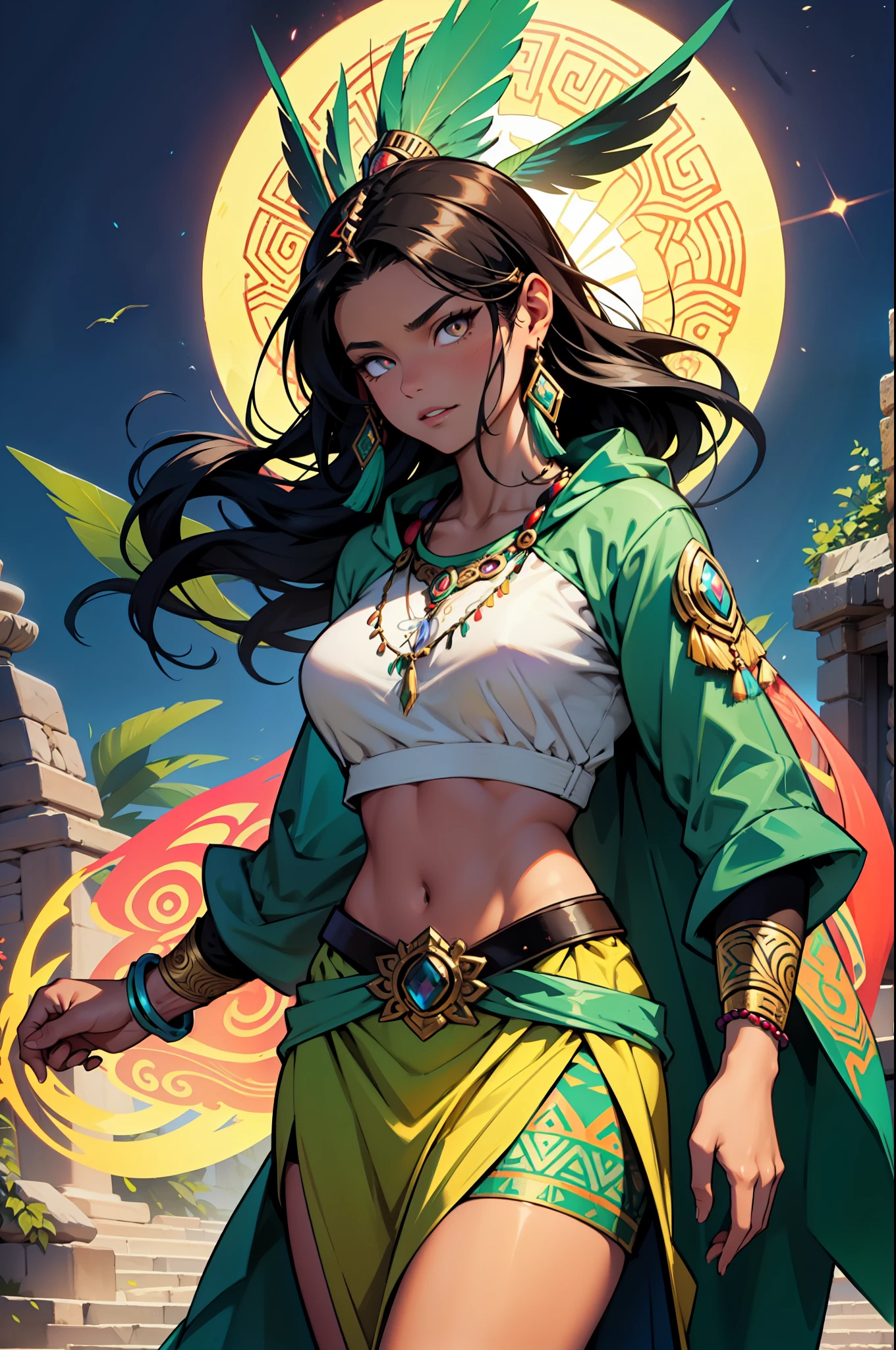 Create a high-fantasy character portrait of Isabella Morales, a distinguished member of the Relic Hunters, wielding the Mantle of Quetzalcoatl. She has an oval face with delicate but marked features, with a light brown skin tone that is smooth and luminous, reflecting her Aztec heritage. Her bright amber eyes shine with intensity, suggesting a deep connection with the mystical and spiritual. Her long, wavy, jet-black hair falls in cascades to her waist, often adorned with vibrant feathers in homage to Quetzalcóatl. Isabella is slender yet athletic, with well-defined muscles that suggest agility and dexterity. She wears The Mantle of Quetzalcoatl, a cloak made of iridescent feathers that change color with movement, reflecting a range of greens, blues, and golds. Underneath the mantle, she wears traditional Mexican clothing, such as a huipil adorned with Aztec patterns and a long skirt in vibrant colors. She carries various accessories that reflect her cultural heritage, including jade necklaces, gold bracelets, and obsidian earrings. She always carries a ceremonial obsidian knife and a snake-shaped talisman. She is surrounded by a bright, multicolored aura, sometimes manifesting as a slight breeze or glow reminiscent of Quetzalcóatl's feathers, emitting a sense of peace and reverence, reflecting her connection with the Aztec god and her mastery over the winds and ancient knowledge.