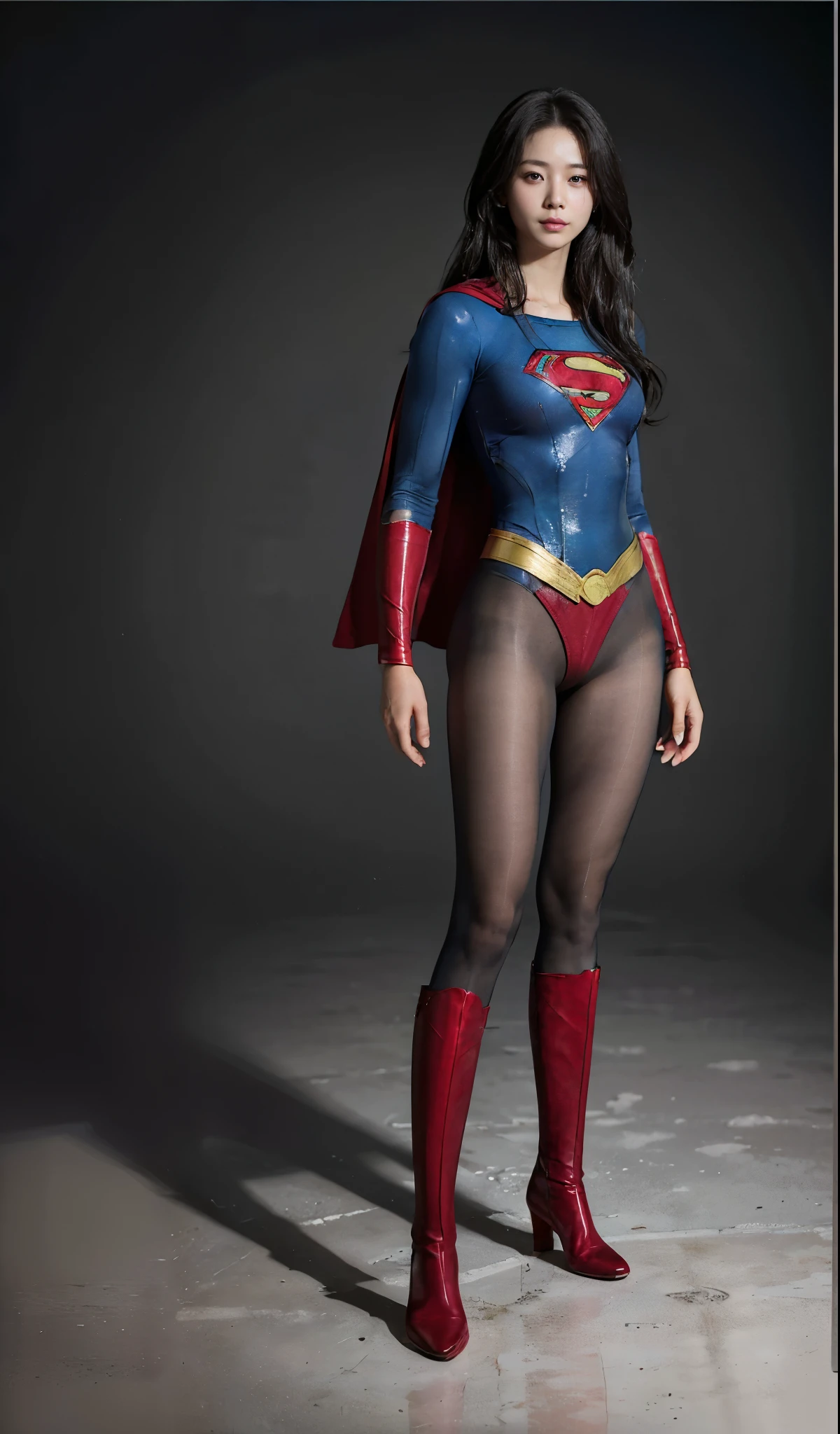 No background、(((Beautiful legs in black tights.)))、(((Legally express the beauty of your smile)))、((((Make the most of your original images)))、(((Supergirl Costume)))、(((Beautiful boyish hairstyle)))、(((suffering)))、(((Please wear black tights....、Be sure to wear red boots)))、((Best image quality、8k))、((highest quality、8k、masterpiece:1.3))、(((Preserve background )))、Sharp focus:1.2、Beautiful woman with perfect figure:1.lim Abs:1.2、Wet body:1.5、Highly detailed face and skin texture、8k