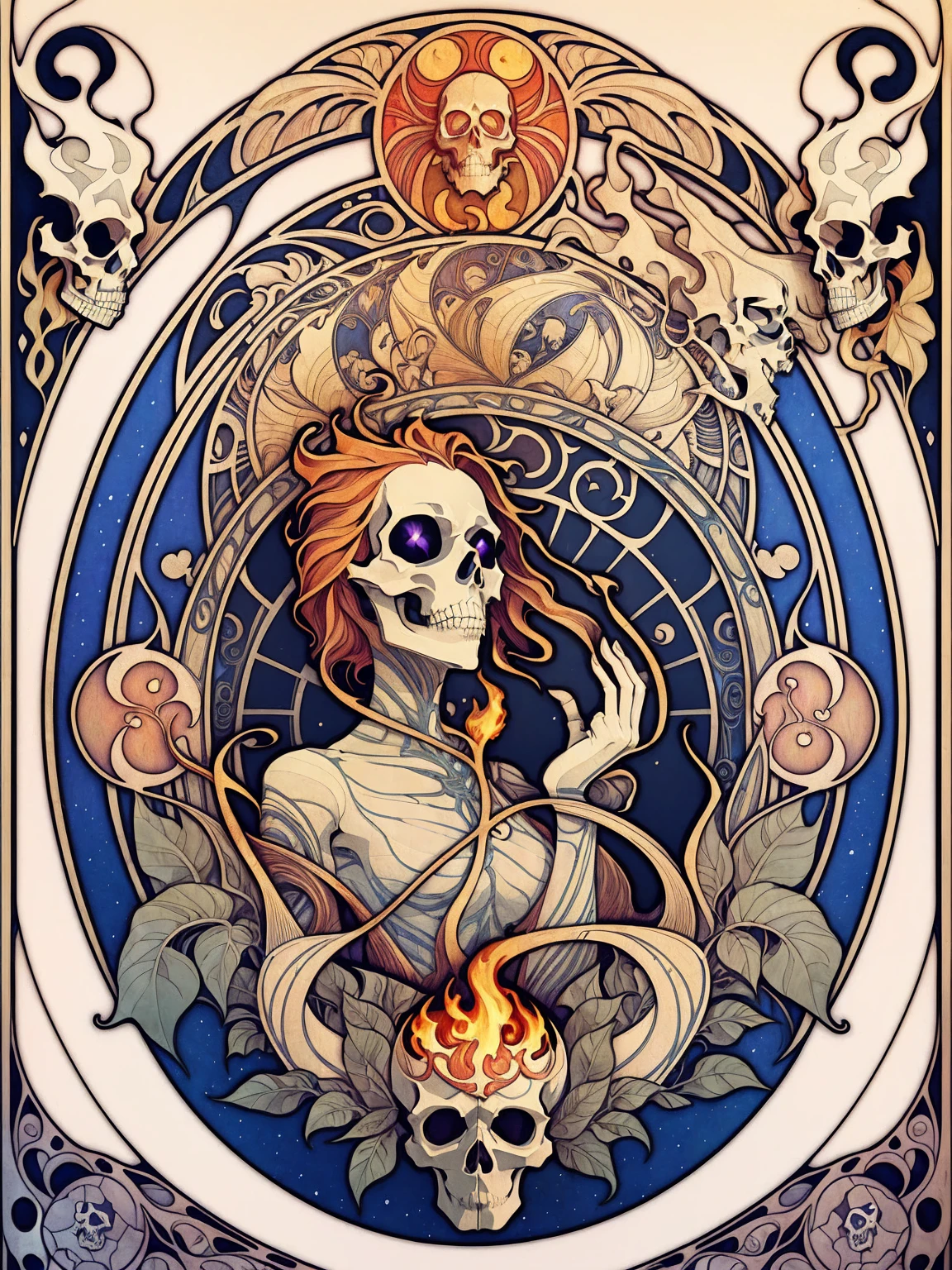 ((Art Nouveau Style)); ((Flaming Skull)); symmetrical with thick lines, Fibonacci, golden ratio, 3D metal structure tessellation, neural graphic, neurons, color, love, passion, incredibly detailed, 8k, masterpiece, artstation, surreal