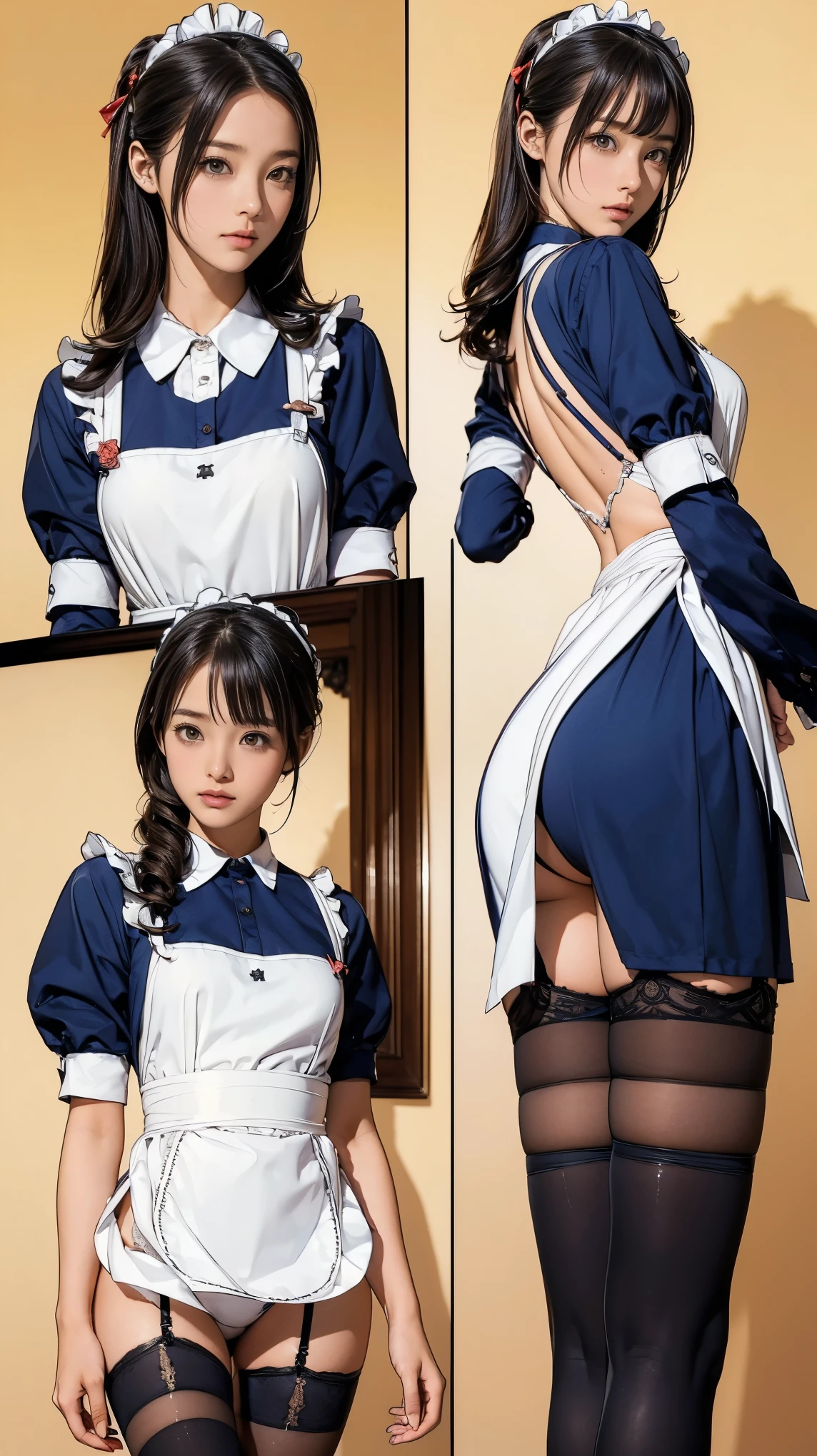 ((masterpiece)),(((highest quality))),((Reference Sheet, Character Design, front, return, ~ ~ side, Mr..々Hairstyle, Mr..々Performance, Facial Expressions)), , Cute type, (Very slim:1.4), (Very small ass:1.4), Realistic buttocks, Big Breasts, Short Bob, Thin thighs, Long legs, It's not a big deal, ((Dress and stockings, Gorgeous maid, Maid clothes,Hair Ribbon)), ((Browsing Caution:1.0))