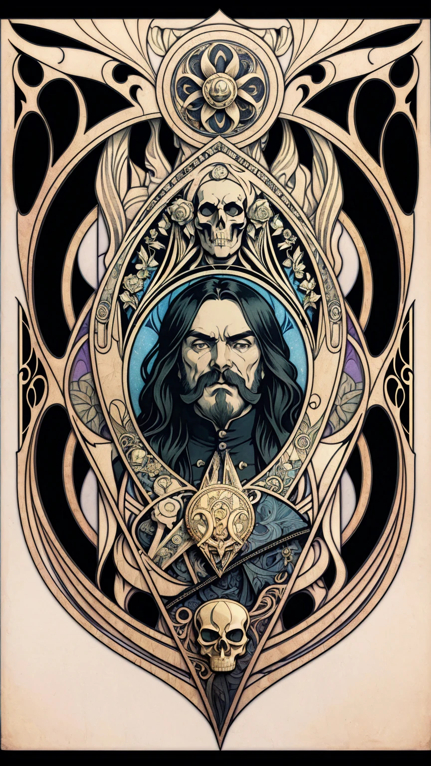 ((Art Nouveau Style)); Lemmy Kilmister as the King of Spades; gold flower, ravens, plant, skull, black flower; symmetrical with thick lines, Fibonacci, golden ratio, 3D metal structure tessellation, neural graphic, neurons, color, love, passion, incredibly detailed, 8k, masterpiece, artstation, surreal

