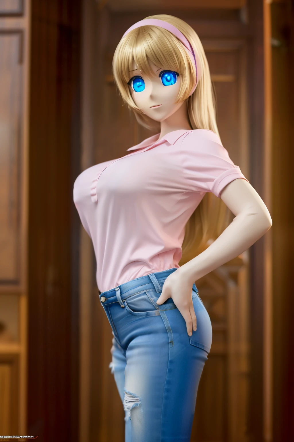 ultra high definition, highres, very detailed, animatronic housewife, blond hair, blue eyes, pink shirt, pink hairband, jeans, glowing eyes, standing erect, nsfw