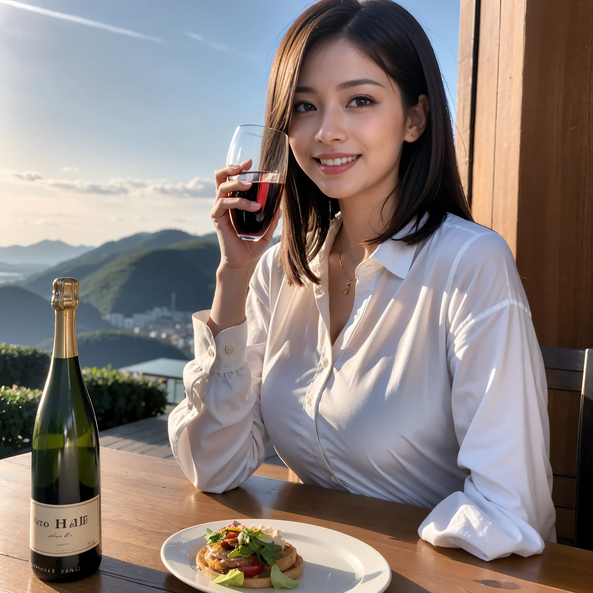 ((highest quality、8k、masterpiece:1.3))、Satomi Ishihara lookalike beauty、1 male、1 female、Couple、Spouse、half、The body is slim、((Bob Hale、Straight hair:1.2)), (Realistic, Intricate details:1.2), Wine glass on the table、Shine light on your face、 Amazing view of the sunset sky and clouds、Amazing mountain views、A bright smile、The wonderfulness of smile、Bright image、The beauty of wine, Beautiful Face, blue eyes, The light shines on your face, Blushing, short hair,Bright Face、 (Age 37), 39 years old, red wine 、Appetizers、Italian food、Wine bottle、Champagne、sparkling wine、Two beauties、Brown Hair、Shortcuts、Long sleeve shirt、dress、Pretty Woman 1, (Slim face), (The body is slim), (Brown Hair), (Shortcuts), cheeks turn a little red,Attractive beauty、restaurant, In a prominent place (From the waist up) Nova Frog Style, actress, model, Upper Body, White wine, slim, wine glass, A wine glass placed in the center, smile, (smile: 1.15), Beautiful fine grain, Depth f/2,saturation, High Contrast, Strong light and shadow,Moist Body:1.5、3D texture、Delicate eyes、Brown Hair、The hair is very shiny、