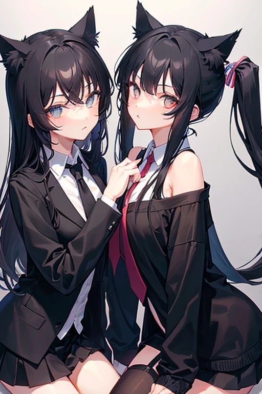 Black Hair,Black clothing,Cat ear,Two girls,Poker face,tie