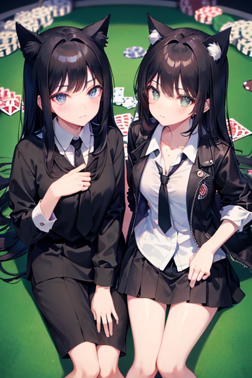 Black Hair，Black clothing，Cat ear，Two girls，Poker face，tie