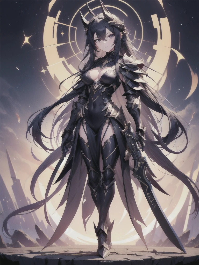 (((masterpiece, best quality, high detailed, 8k))) Design a layout showcase Gaming character, (1girl). Black|Gold clothes, stylish and unique. ((showcase weapon:1.4)), dark scythe. (masterpiece:1.2), (best quality), 4k, ultra-detailed. (Step by step design, layout art:1.5), (luminous lighting, atmospheric lighting). necromancer, ((glove full hands)), (((revealing clothes:1.3))), vambraces, armored legwear, (((full_body_shot:1.4))). {In a haunted graveyard}.
