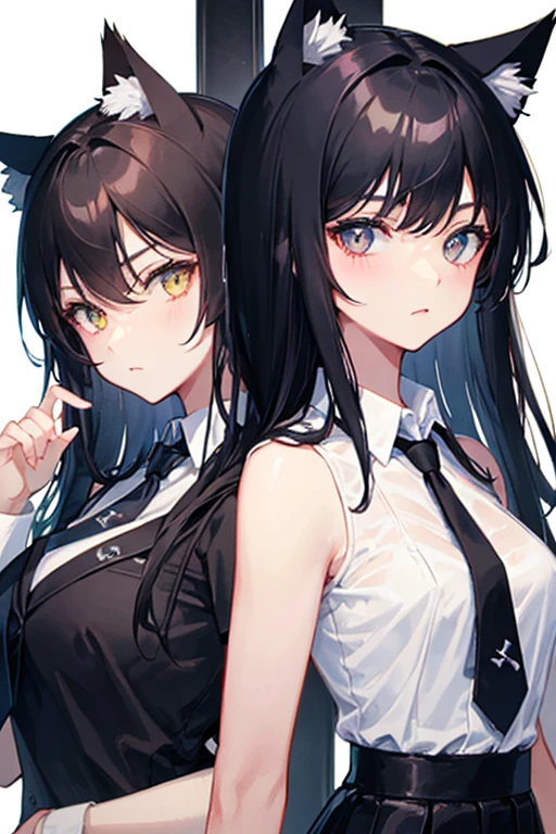Black Hair,Black clothing,Cat ear,Two girls,Poker face,tie