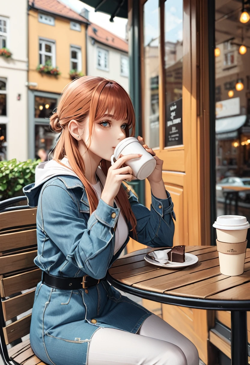 German woman sitting at a cafe table drinking coffee、Emma&#39;s Photo。Window sunlight, Blue Hair, Dynamic pose, Skin Texture, Pale skin, Shiny skin, (slim, small:1.2), [:(Sharp focus on the face, Detailed face, Perfect Eyes, View Viewer:1.2):0.2], Realistic, Film Grain, highest quality, masterpiece