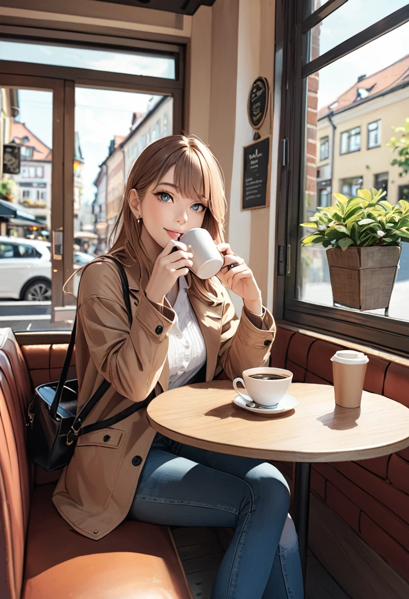 German woman sitting at a cafe table drinking coffee、Emma&#39;s Photo。Window sunlight, Blue Hair, Dynamic pose, Skin Texture, Pale skin, Shiny skin, (slim, small:1.2), [:(Sharp focus on the face, Detailed face, Perfect Eyes, View Viewer:1.2):0.2], Realistic, Film Grain, highest quality, masterpiece