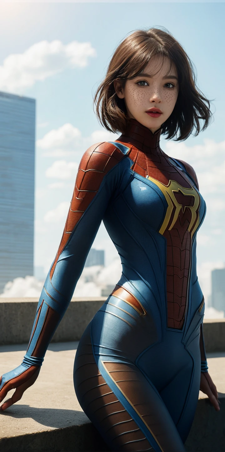 1 girl, superhero costume, falling from sky, One leg is bent at the knee, Solid gradient background, Totally spy, espionage, full bodyesbian (Dynamic pose), (from the above), (perfect face), (Beautiful eyes and face), (masterpice), (high resolution), (best qualityer), (8K), Anatomically correct, Textured skin