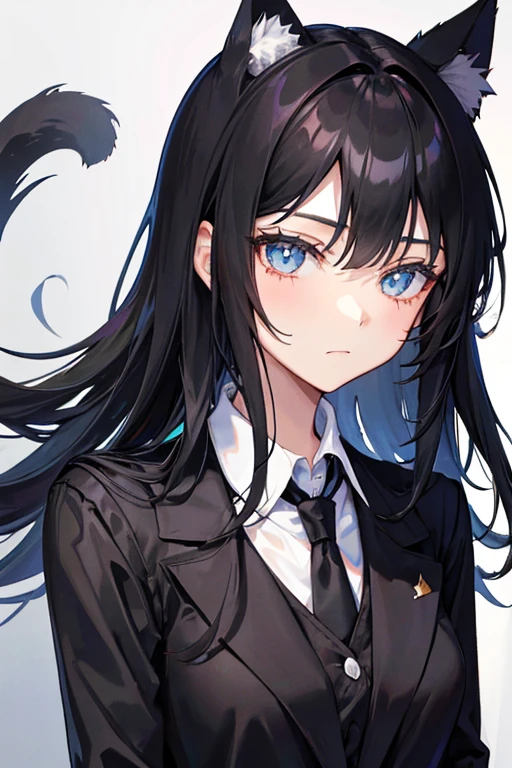 Black Hair，Black clothing，Cat ear，Girl，Poker face，tie，Standing，whole body