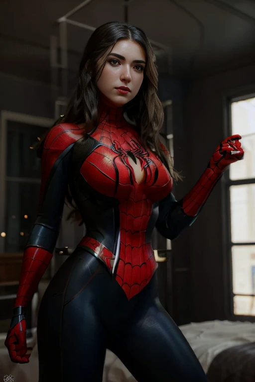 Generate a captivating full-body photograph of Isabella, dressed in a sleek Spider-Man cosplay costume that accentuates her feminine curves with undeniable allure. The form-fitting costume hugs her figure in all the right places, showcasing her slender waist and shapely legs, while the iconic red and blue colors add a playful touch of vibrancy to her ensemble. Isabella's dark brunette hair cascades in soft waves around her shoulders, framing her radiant features and drawing attention to her natural beauty.
Set against the backdrop of a stylish bedroom adorned with comic book posters and superhero memorabilia, Isabella strikes a confident pose that exudes both strength and femininity. Her posture is poised and self-assured, her gaze capturing the viewer's attention with its magnetic intensity.
Soft, diffused lighting bathes the scene in a warm glow, casting soft shadows that add depth and dimension to the composition. The vibrant colors of the Spider-Man costume pop against the neutral backdrop of the bedroom, creating a visually striking contrast that accentuates Isabella's captivating presence.
With a playful smile playing on her lips, Isabella embodies the spirit of the beloved superhero, exuding confidence and charm in equal measure. Her pose is dynamic yet graceful, capturing the essence of Spider-Man's iconic agility and strength.
Capturing the essence of empowered femininity and playful allure, the photograph of Isabella in her sleek Spider-Man cosplay costume radiates with undeniable charisma and timeless beauty, making her the undeniable focal point of the stylish bedroom scene.
