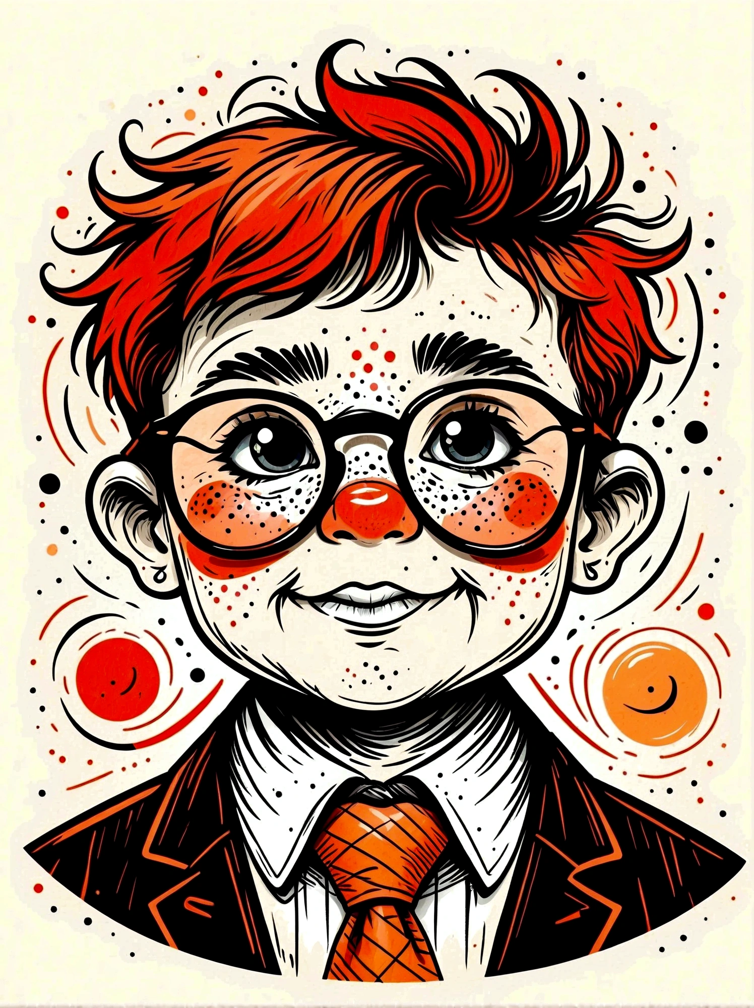 (masterpiece, best quality:1.2), Cartoon hand drawn, baby, solo, portrait, wear glasses, cry,happy,nipple,tie, The color palette is in red, orange and black tones and has a sketchy style, The background should have a simple hand-drawn doodle pattern
