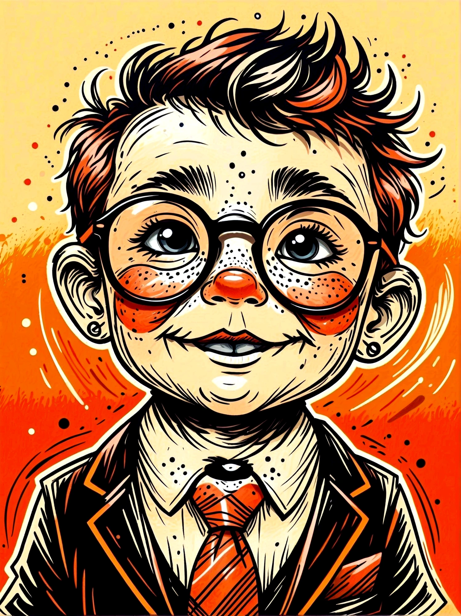(masterpiece, best quality:1.2), Cartoon hand drawn, baby, solo, portrait, wear glasses, cry,happy,nipple,tie, The color palette is in red, orange and black tones and has a sketchy style, The background should have a simple hand-drawn doodle pattern