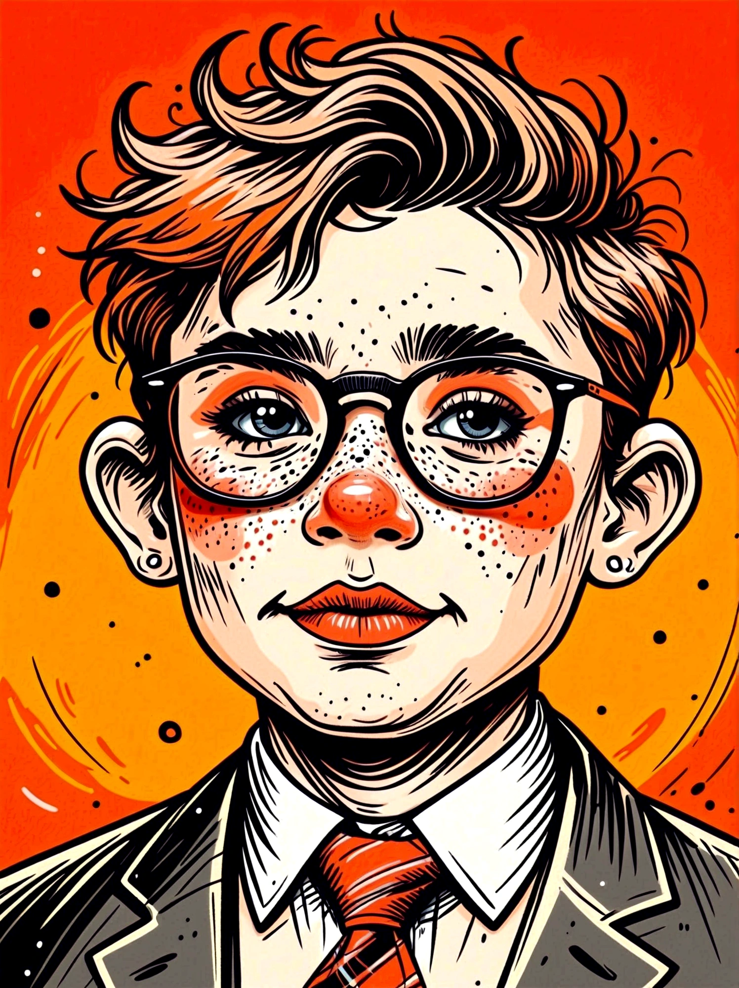 (masterpiece, best quality:1.2), Cartoon hand drawn, , solo, portrait, wear glasses, cry,happy,nipple,tie, The color palette is in red, orange and black tones and has a sketchy style, The background should have a simple hand-drawn doodle pattern