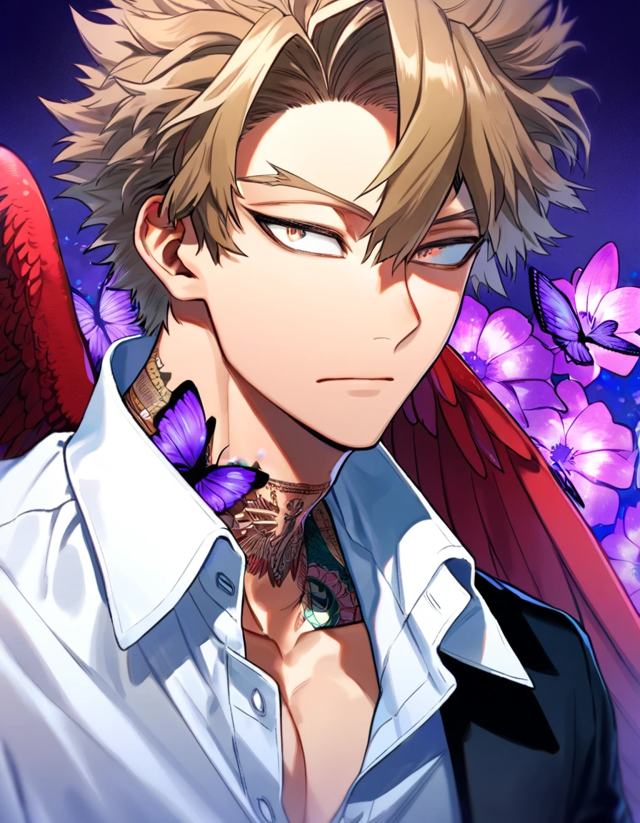 Ultra detailed, Highres, absurdres, HDR, Hawks, Takami Keigo, brown-blond hair, expressive brown-golden eyes, red wings, black coat with patterns, Boku No Hero Academia, faint beard, white shirt, fantasy, glittering purple butterflies, petals, handsome, sexy man, solo, very detailed eyes and face, master piece, toned chest, purple flowers, sitting, tattoo on his neck, purple background