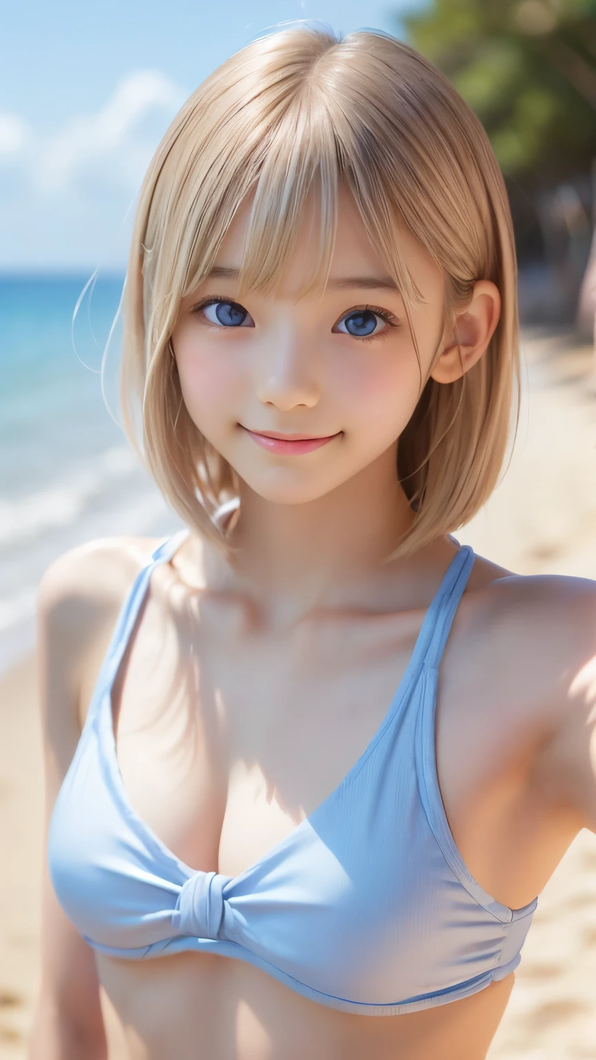 ((sfw: 1.4)), ((sfw, bandeau bikini, beach, bony body,  extra short hair, sidelocks-hair, smile, 1 girl)), ultra high resolution, (real: 1.4), RAW photo, highest quality, (photorealistic), focus ,Soft light,((15 years old)),((Shiny platinum blonde silk super long straight hair, beautiful shiny bangs, big clear sky blue eyes, very beautiful bright eye highlights)),(((Young face))),(Surface),(Depth of field),Masterpiece,(Photoreal),Woman, Bangs,( (1 girl)