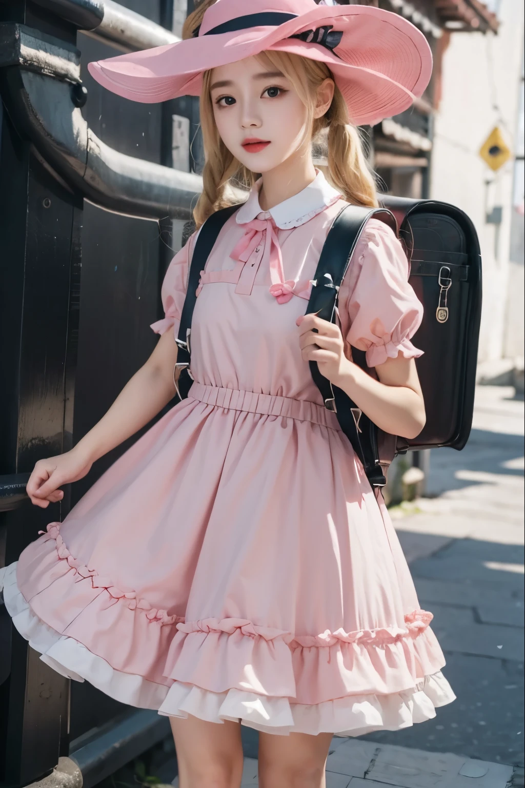 Masterpiece, hd, realistic, Asian girl, 20 y.o, blonde hair, wear pink hat, wear pink dress, collared dress, lolita dress, puffy sleeves, wearing black backpack, standing, outdoor 