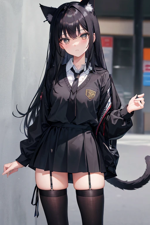 Black Hair，Black clothing，Cat ear，Girl，Poker face，tie，Standing，whole body