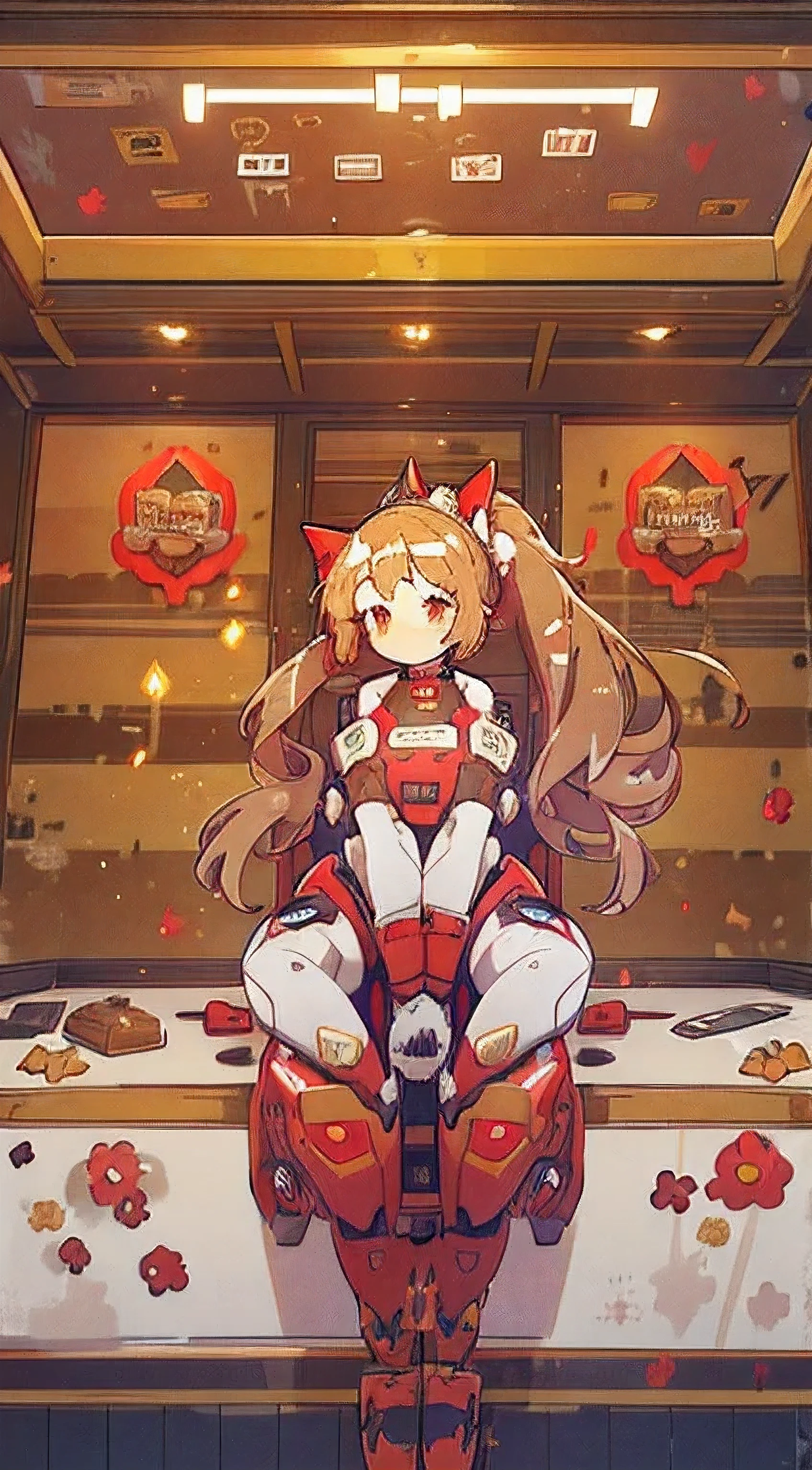 1GIRL, finely detailed, (best quality), (intricate details), cute style, ((long brown hair in ponytail)), ((plugsuit)), battle suit, ((red and white clothes)), ((mecha style clothes)), beautiful face, happy, cute face, pinup, perfect face, ready for battle, battle pose, fighting pose, in futuristic city, city, dynamic, sitting, knees up, curled up