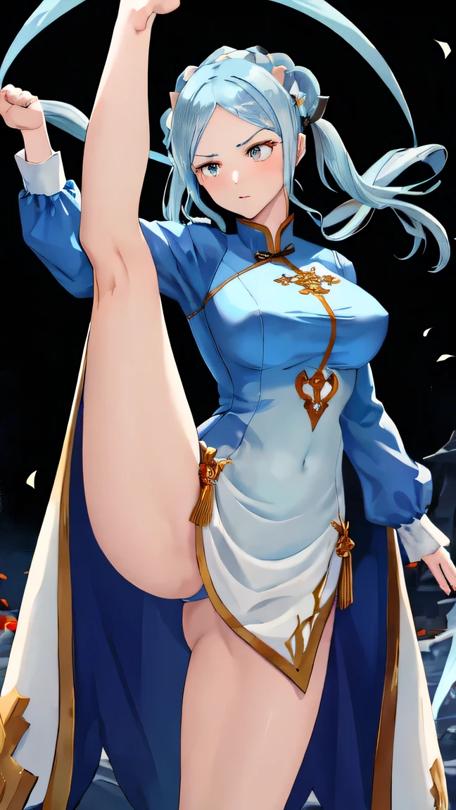 masterpiece, highest quality, One girl, flora, China dress, {angry}, {{{{{gigantic breasts}}}}}, standing on one leg, {leg_lift}, {{{standing_split}}}, fighting stance, {high kick}, blizzard
