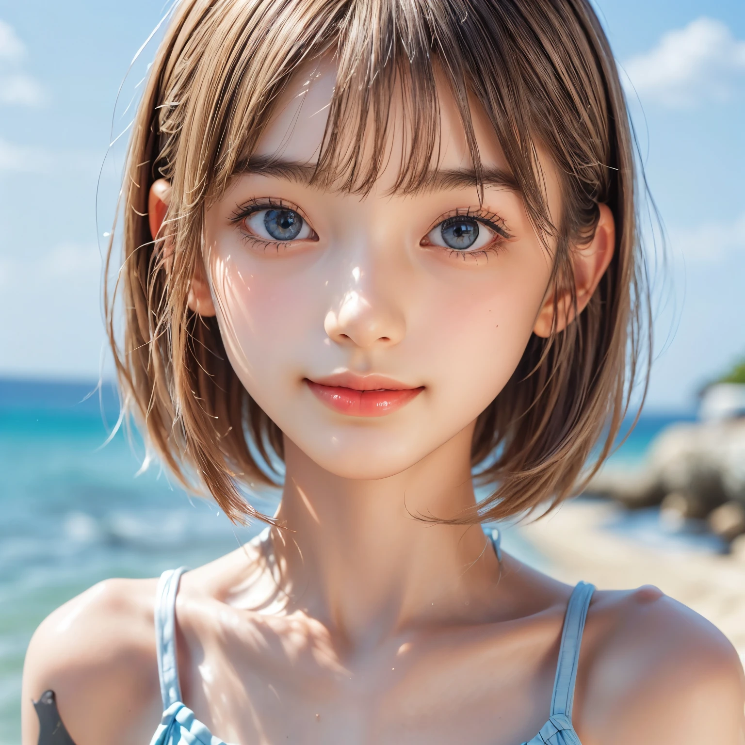 ((sfw: 1.4)), ((sfw, bandeau bikini, beach, bony body, extra short hair, sidelocks-hair, smile, 1 girl)), ultra high resolution, (real: 1.4), RAW photo, highest quality, (photorealistic), focus ,Soft light,((15 years old)),((Shiny platinum blonde silk super long straight hair, beautiful shiny bangs, big clear sky blue eyes, very beautiful bright eye highlights)),(((Young face))),(Surface),(Depth of field),Masterpiece,(Photoreal),Woman, Bangs,( (1 girl)