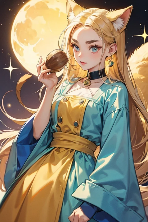 she appear a Siamese cat. she has a body with a long tail, and a round head with human-like hair and pointed ears. she is entirely yellow aside from brown tips on her ears and tail. she also wear a blue bell on her neck. she have arced eyebrows, large almond-shaped eyes, a cat mouth, and four whiskers. SPARKLE; GLITTER