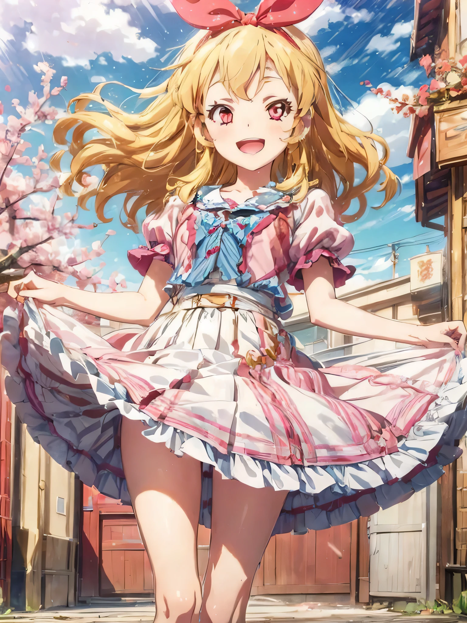 a cartoon image of a feminine figure with her legs spread is standing on a white bed, 1girl, solo, dress, blonde hair, > ,Ichigo Hoshimiya (Aikatsu!)