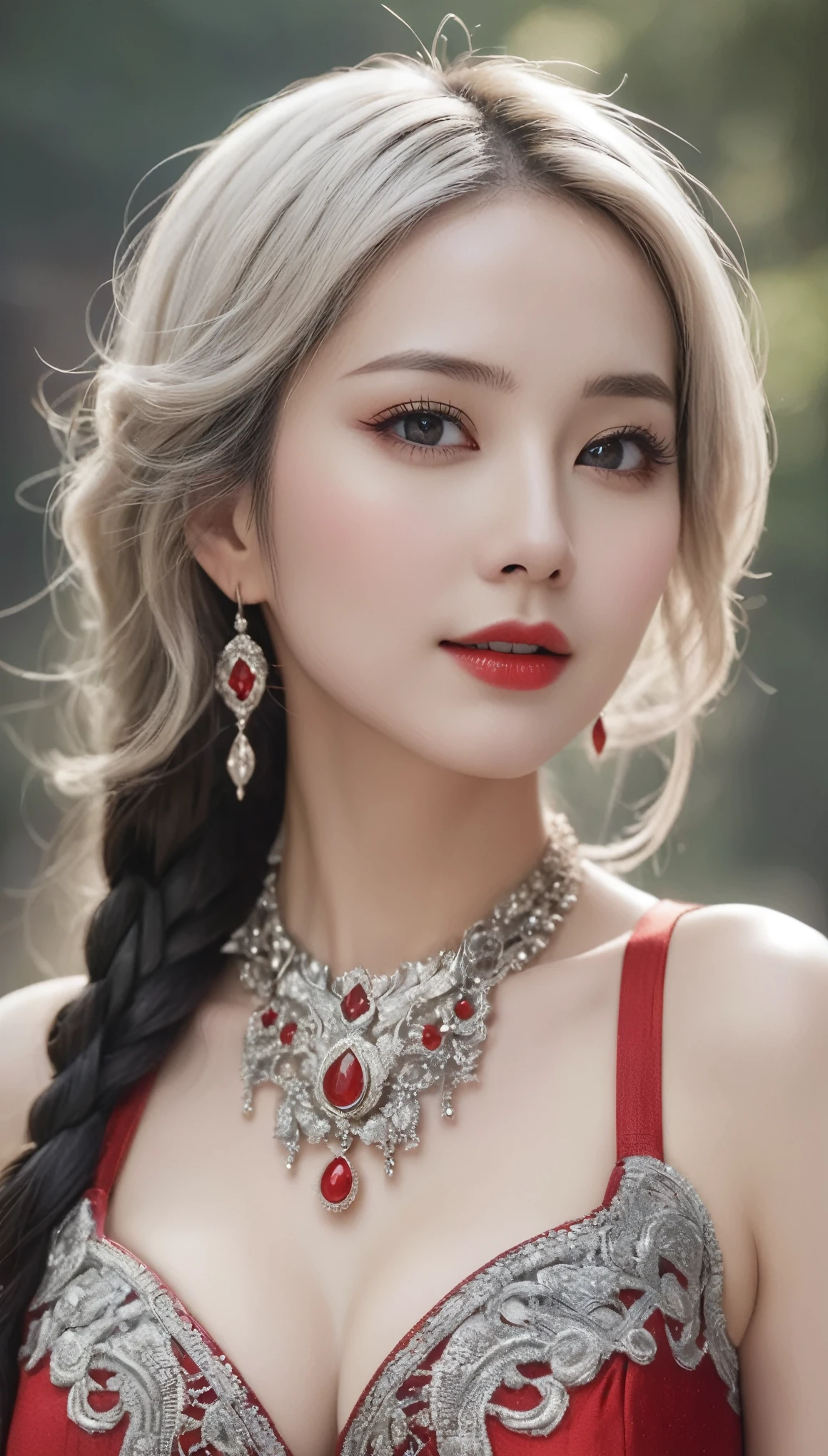 (((surreal woman)))、((Very beautiful 30 year old white woman))、(((Big big cleavage)))、のwitch girl、blonde mature、Plump figure、smile、Middle-aged beauty 、Very delicate and delicate skin texture、witch girl、{(Ancient ornate and luxurious temple)、(Many torches are burning)}、Red lips、Beautiful scarlet eyes、(((Gorgeous and glamorous silver outfit and luxurious accessories)))、I have a shiny platinum wand、