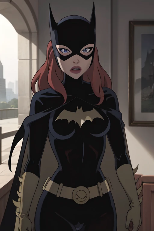 masterpiece, best quality, 1girl, solo, highres, scenery,
CARTOON_batgirl_ownwaifu,www.ownwaifu.com,mask,long hair,blue eyes,bodysuit,breasts,cloak,cape,domino mask,belt,medium breasts,superhero,gloves,lips,black bodysuit,helmet,belt buckle,horns,bat_print,pouch,forest