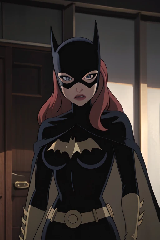 masterpiece, best quality, 1girl, solo, highres, scenery,
CARTOON_batgirl_ownwaifu,www.ownwaifu.com,mask,long hair,blue eyes,bodysuit,breasts,cloak,cape,domino mask,belt,medium breasts,superhero,gloves,lips,black bodysuit,helmet,belt buckle,horns,bat_print,pouch,forest