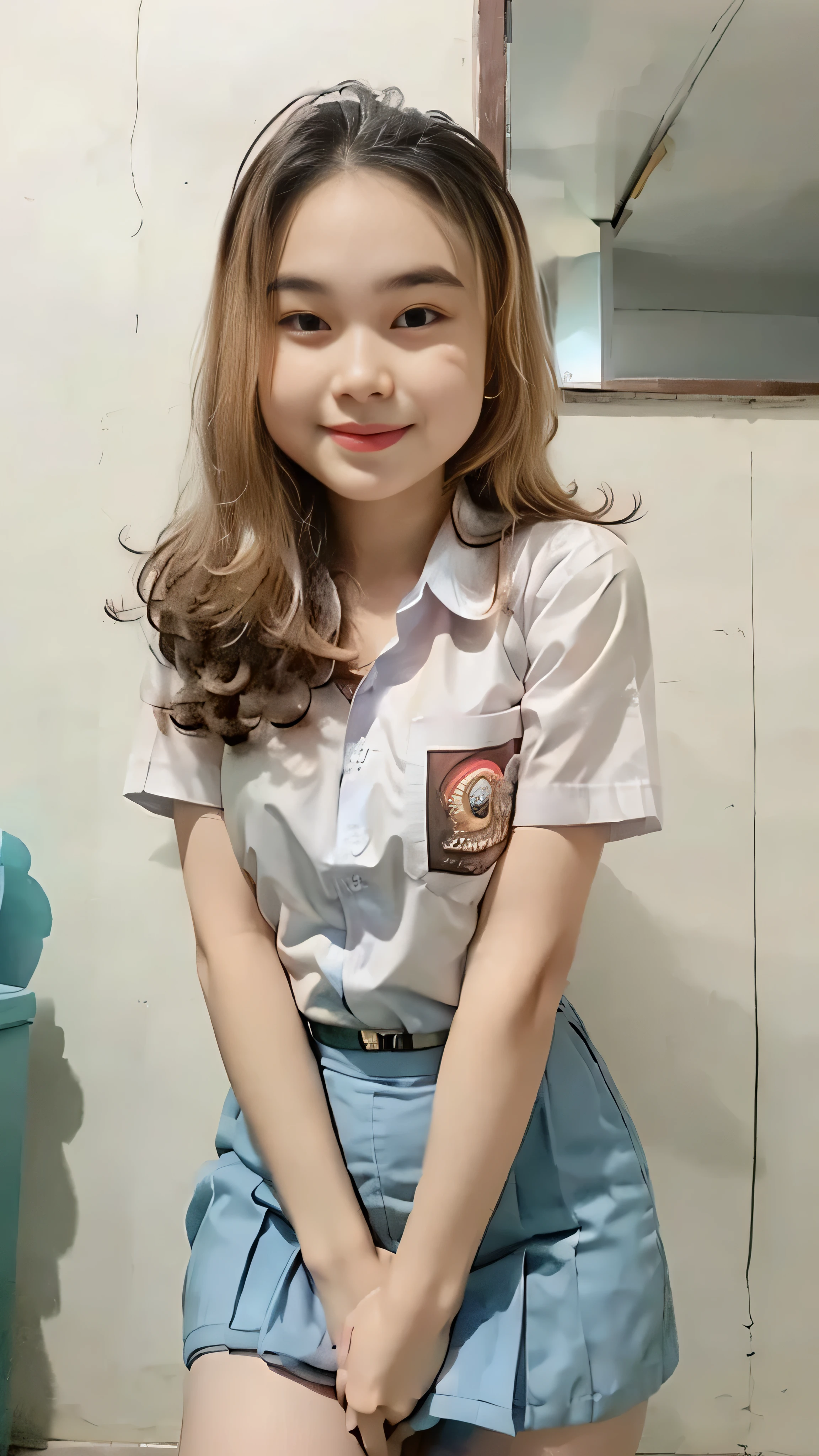 (8k, RAW photo, best quality, mastery:1.3), (realistic, photo-realistic:1.37), (looking viewer:1.331), posing Seductively, living room, soft light, 15 year old girl, short body, beautiful thighs, smaller chest, brunette hair, long hair, smile, white shirt, short sleeves, blue mini skirt