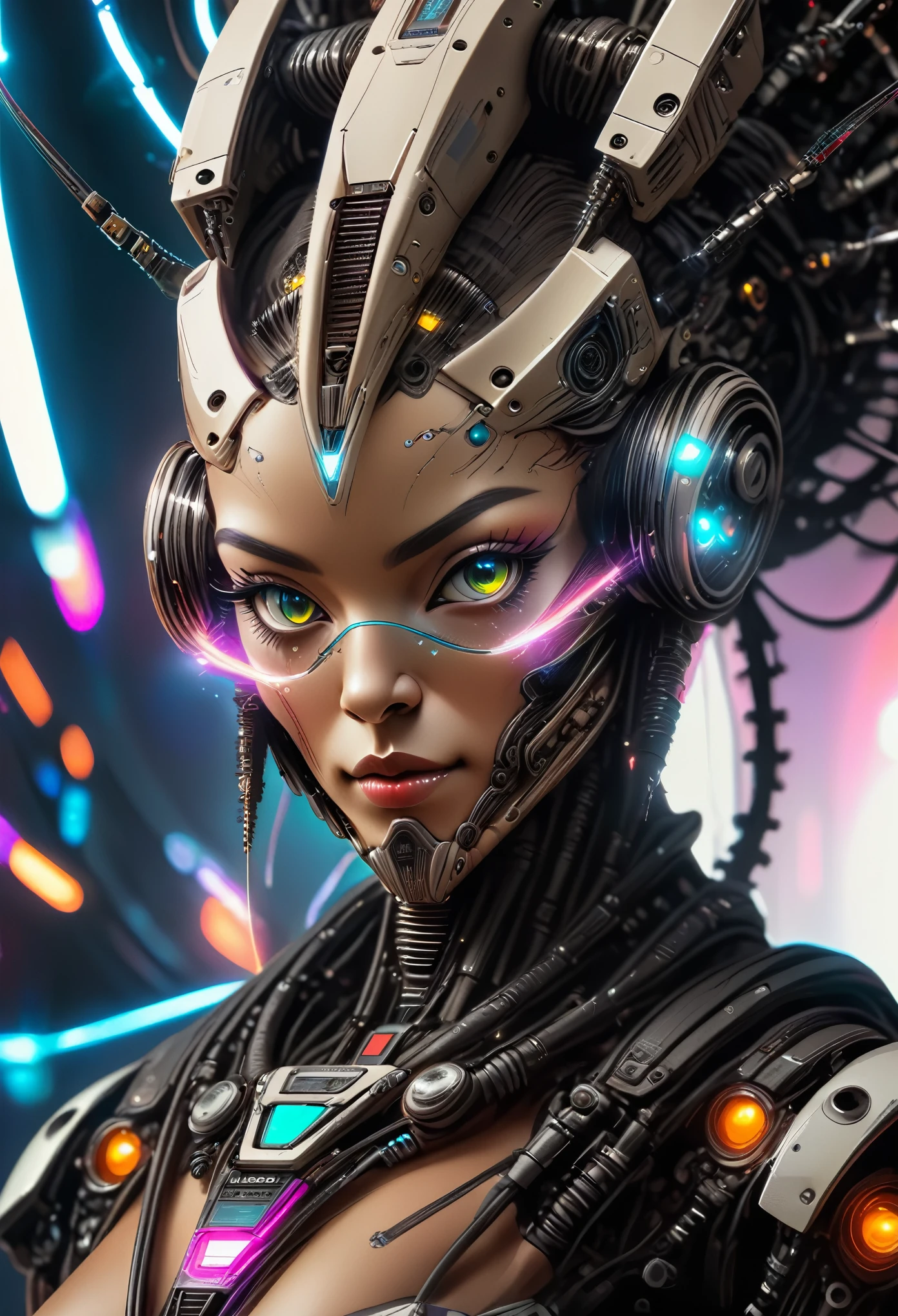 a woman with a futuristic headdress and a futuristic face, harmoniously integrated with computer chip and electrical wires, spaceship controls background, cyberpunk style, neon lights