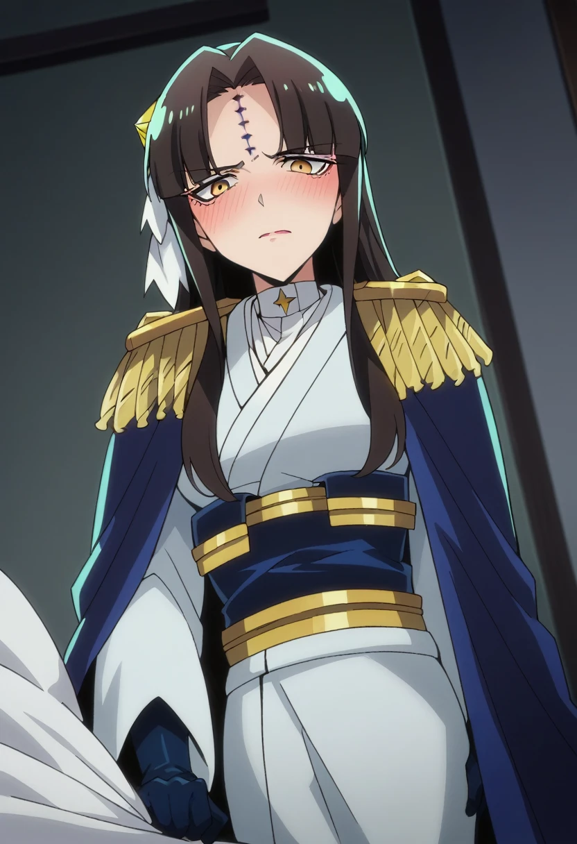 score_9, score_8_up, score_7_up, source_anime,
michikotanaka, michiko tanaka, long hair, black hair, yellow eyes, facial mark, forehead mark,
gloves, japanese clothes, black gloves, kimono, epaulettes,
indoors, cape, bed, bed room, on side, blush, drunk,
looking at viewer, dutch angle, cowboy shot