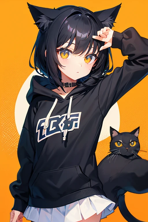 Black Hair，Hoodies，Cat ear，Girl，Poker face，tie，Standing，whole body