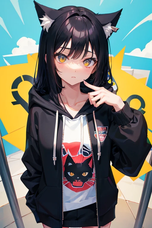 Black Hair,Hoodies,Cat ear,Girl,Poker face,tie,Standing,whole body