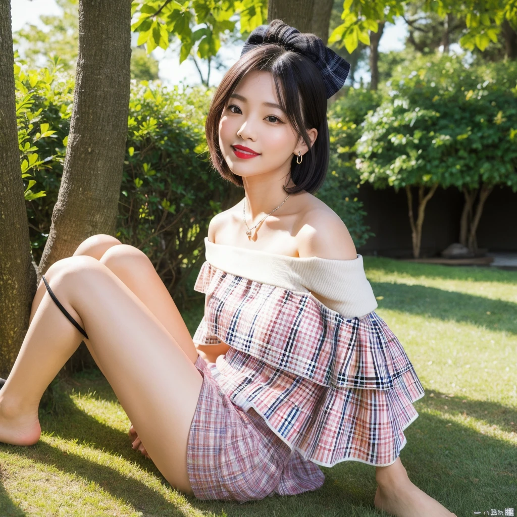 (8k, Photorealistic, Raw photo, Highest quality: 1.4),Japanese idol style1Beautiful girl of the person,18-year-old,Short bob hairstyle,Blackの髪,She has her hair tucked behind her ears,She has small earrings in her ears,Big, clear grey eyes,Long eyelashes,Plump Cheeks,She is wearing pink lipstick,Apply gloss over your lipstick for glossy, plump lips,Smiling,A short pendant is hanging around her neck.,両手の爪にBlackのマニキュアを塗っている,両足の爪にBlackのマニキュアを塗っている,(Wearing a summer knit on bare skin,(Off the shoulder,White :1.7)),I can see her cleavage,(Wearing a pleated skirt,(Plaid,Black :1.6)),barefoot,(garden,(Under the tree,On the grass)),(sit,(Crossing your legs)),(place your hands between your legs),She is surrounded by the gentle sunlight filtering through the trees.,Angle from the front,Full body portrait