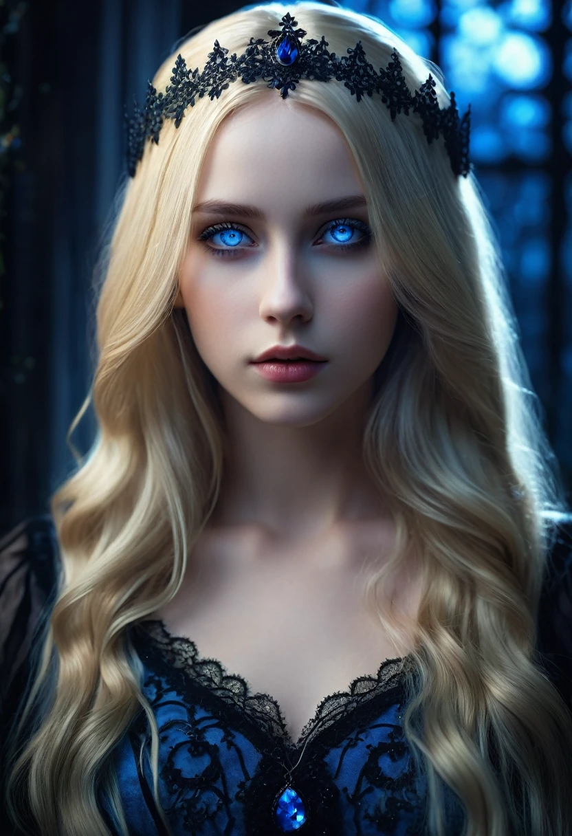 (extremely detailed CG unity 8k wallpaper,masterpiece, best quality, ultra-detailed),(best illumination, best shadow, an extremely delicate and beautiful),floating,high saturation,blonde hair+blue eyes:1.2,gloomy gothic scenery, long hair, gaze into the distance. (A beautiful girl with long blonde hair and blue eyes sparkling gothic lighting)