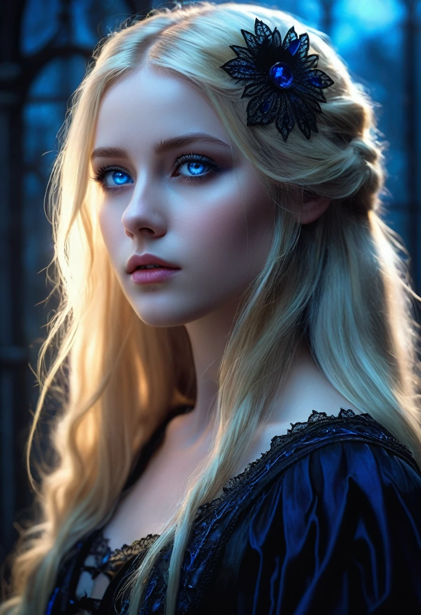 (extremely detailed CG unity 8k wallpaper,masterpiece, best quality, ultra-detailed),(best illumination, best shadow, an extremely delicate and beautiful),floating,high saturation,blonde hair+blue eyes:1.2,gloomy gothic scenery, long hair, gaze into the distance. (A beautiful girl with long blonde hair and blue eyes sparkling gothic lighting)