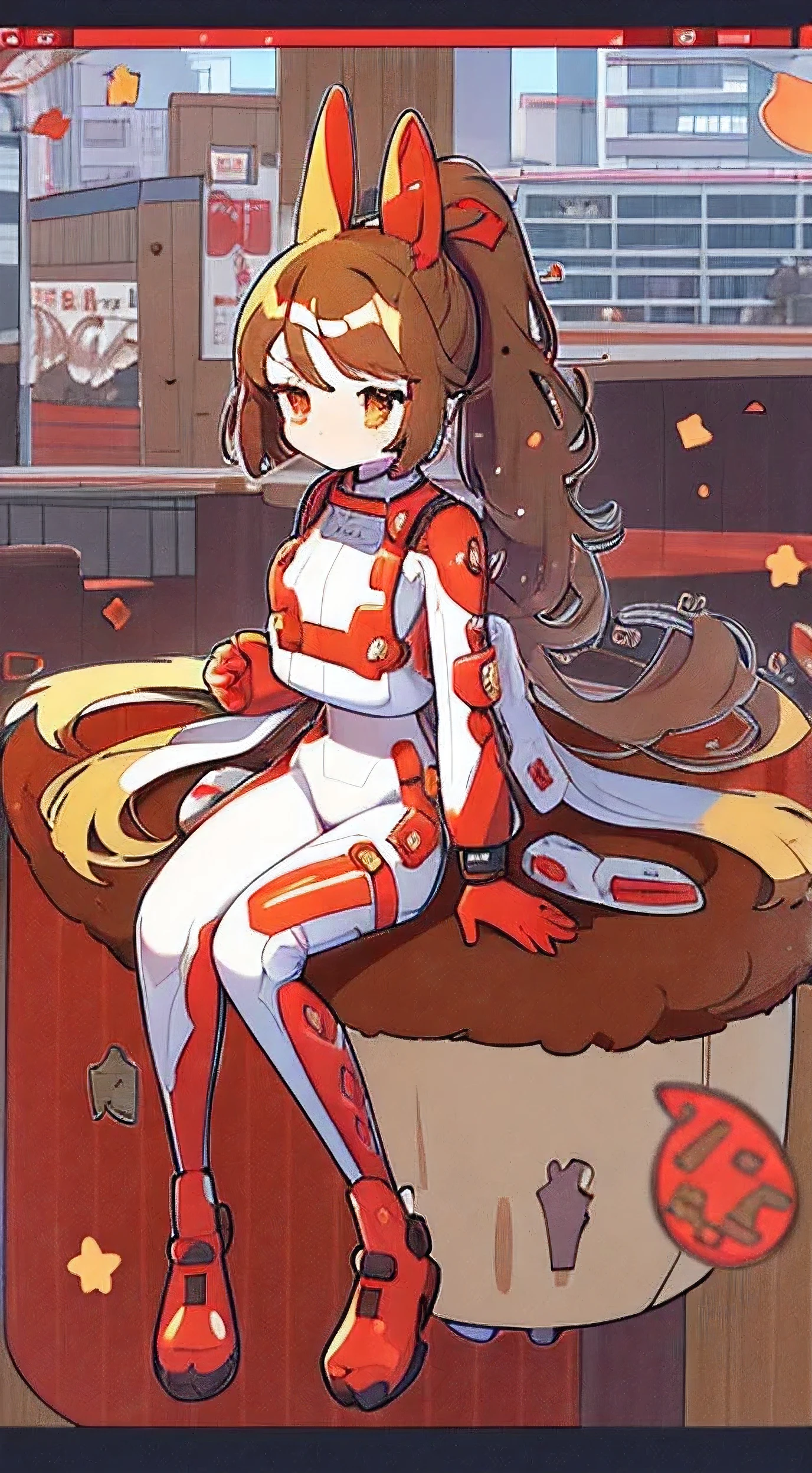 1GIRL, finely detailed, (best quality), (intricate details), cute style, ((long brown hair in ponytail)), ((plugsuit)), battle suit, ((red and white clothes)), ((mecha style clothes)), beautiful face, happy, cute face, pinup, perfect face, ready for battle, battle pose, fighting pose, in futuristic city, city, dynamic, sitting, knees up, curled up