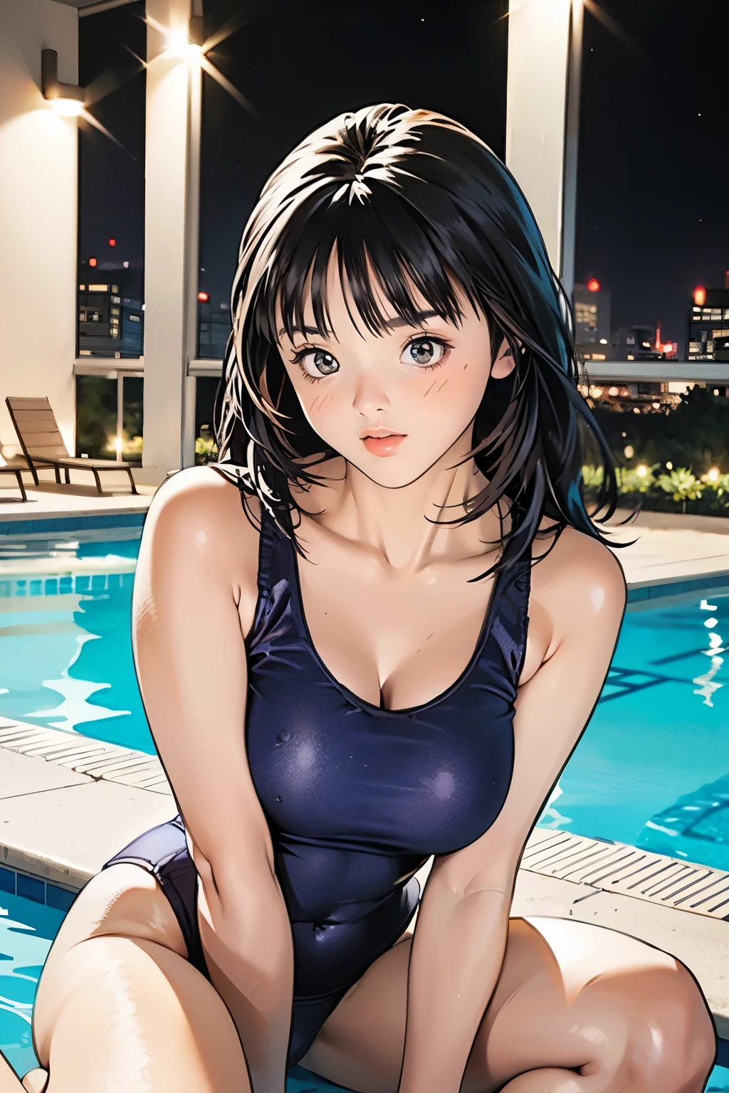 、(((Hotel pool on a dark night)))、Young and very cute１7-year-old girl、Sexy pose、Unusually beautiful and large eyes、Thick eyelashes、Thick eyebrows、A well-balanced and toned body、Tank top、Full Body Shot、Mid-chest、((Detailed texture and wrinkles of colorful thin material competitive swimsuit))、The chest area is wide open、No makeup、No makeup、Hair with bangs、Tight butt and waist,Kneel on the floor and raise your hands