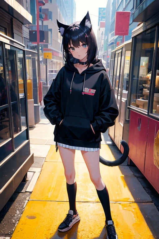 Black Hair,Hoodies,Cat ear,Girl,Poker face,tie,Standing,whole body