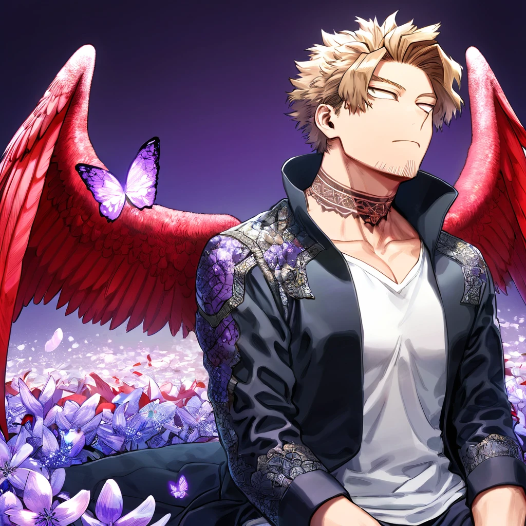 Ultra detailed, Highres, absurdres, HDR, Hawks, Takami Keigo, brown-blond hair, expressive brown-golden eyes, red wings, black coat with patterns, Boku No Hero Academia, faint beard, white shirt, fantasy, glittering purple butterflies, petals, handsome, sexy man, solo, very detailed eyes and face, master piece, toned chest, purple flowers, sitting, tattoo on his neck, purple background