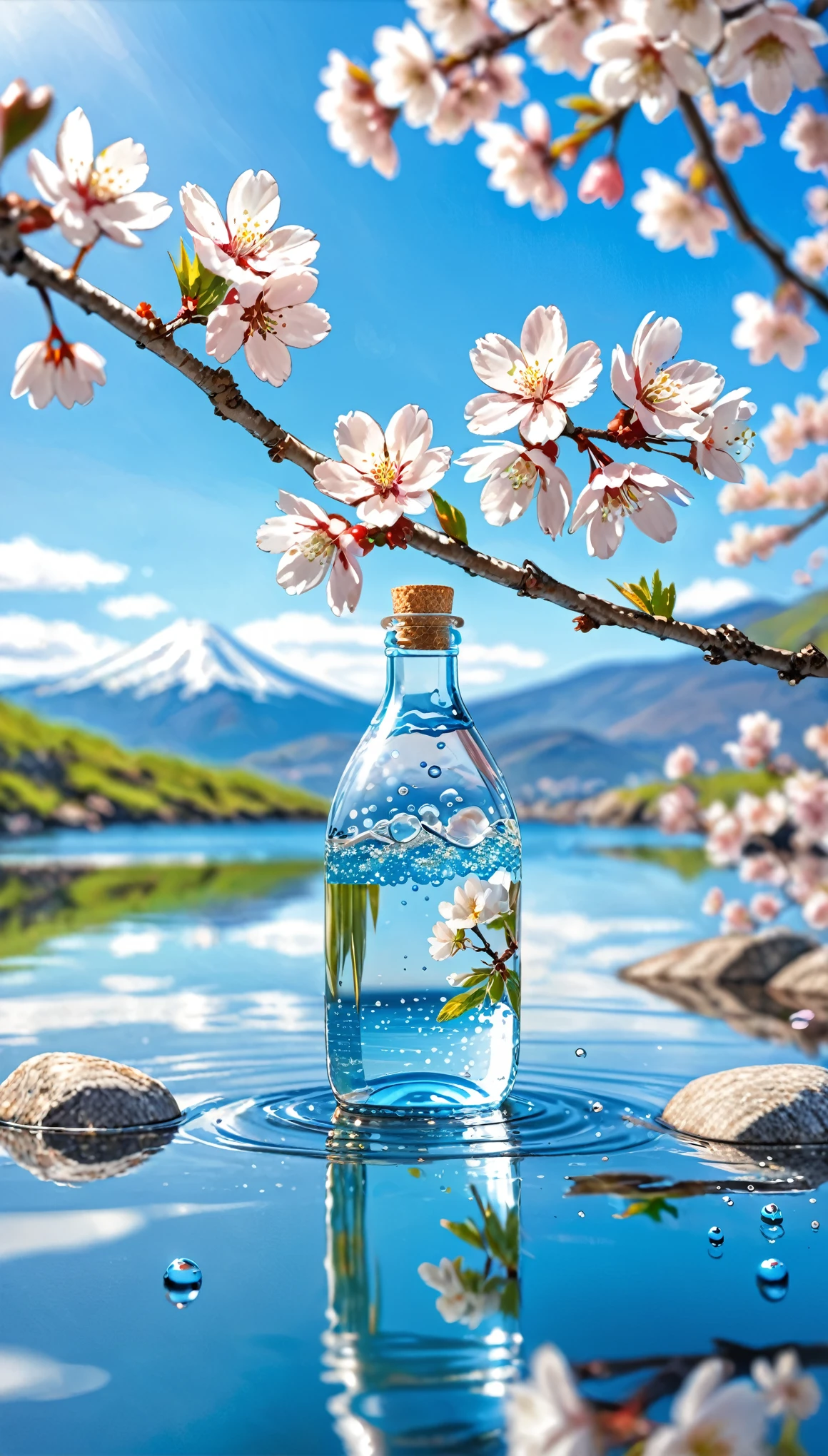 Outdoor, bottle, water, without humans, still life, blurry, bubble, scenery, water drop, ocean, day, sky, blue sky, cloud, blurry background, depth of field, reflection, solo, rock, motion blur, mountain, white flowers, cherry blossoms, branch, ice.