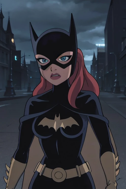 masterpiece, best quality, 1girl, solo, highres, scenery,
CARTOON_batgirl_ownwaifu,www.ownwaifu.com,mask,long hair,blue eyes,bodysuit,breasts,cloak,cape,domino mask,belt,medium breasts,superhero,gloves,lips,black bodysuit,helmet,belt buckle,horns,bat_print,pouch,forest