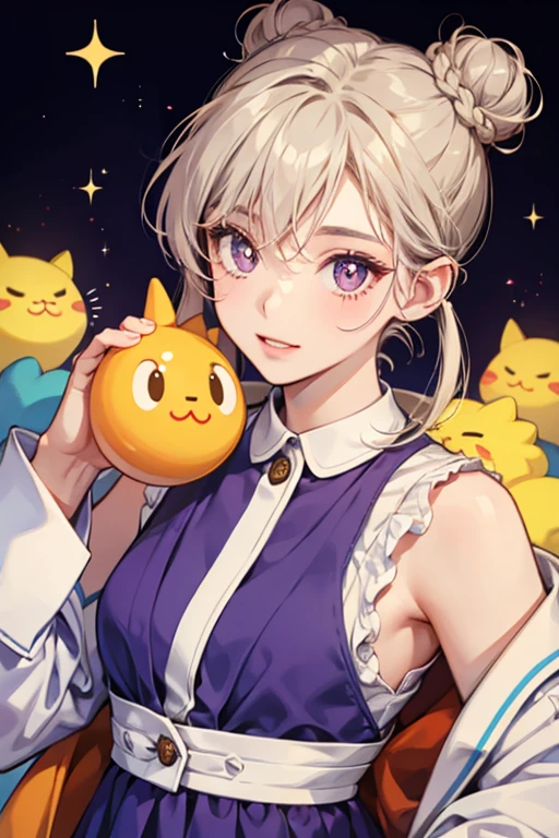 Obagurutchi is an orange Tamagotchi with a triangular shaped head and slim body. She has oval eyes with sparkle shaped pupils, dark orange cheek highlights, and gray hair which hangs off the sides of her head and is also tied in a bun. There are additionally two curls next to the hair bun. She wears a purple dress with a cream colored collar and buttons. SPARKLE; GLITTER